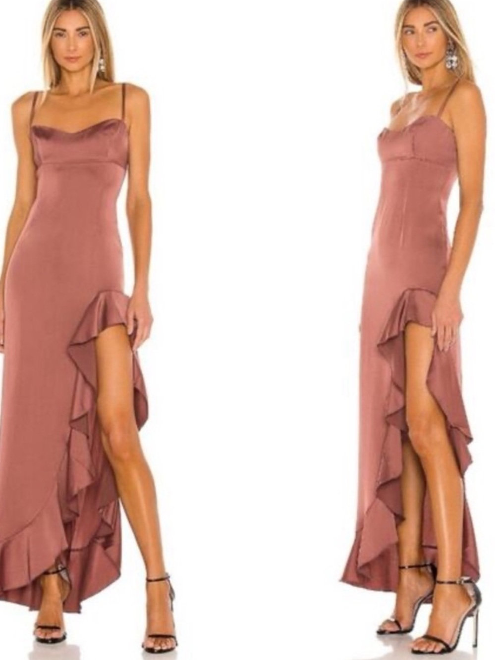 Nookie Sasha Satin High-Slit Ruffle Slip Dress in Mocha - Picture 4 of 15